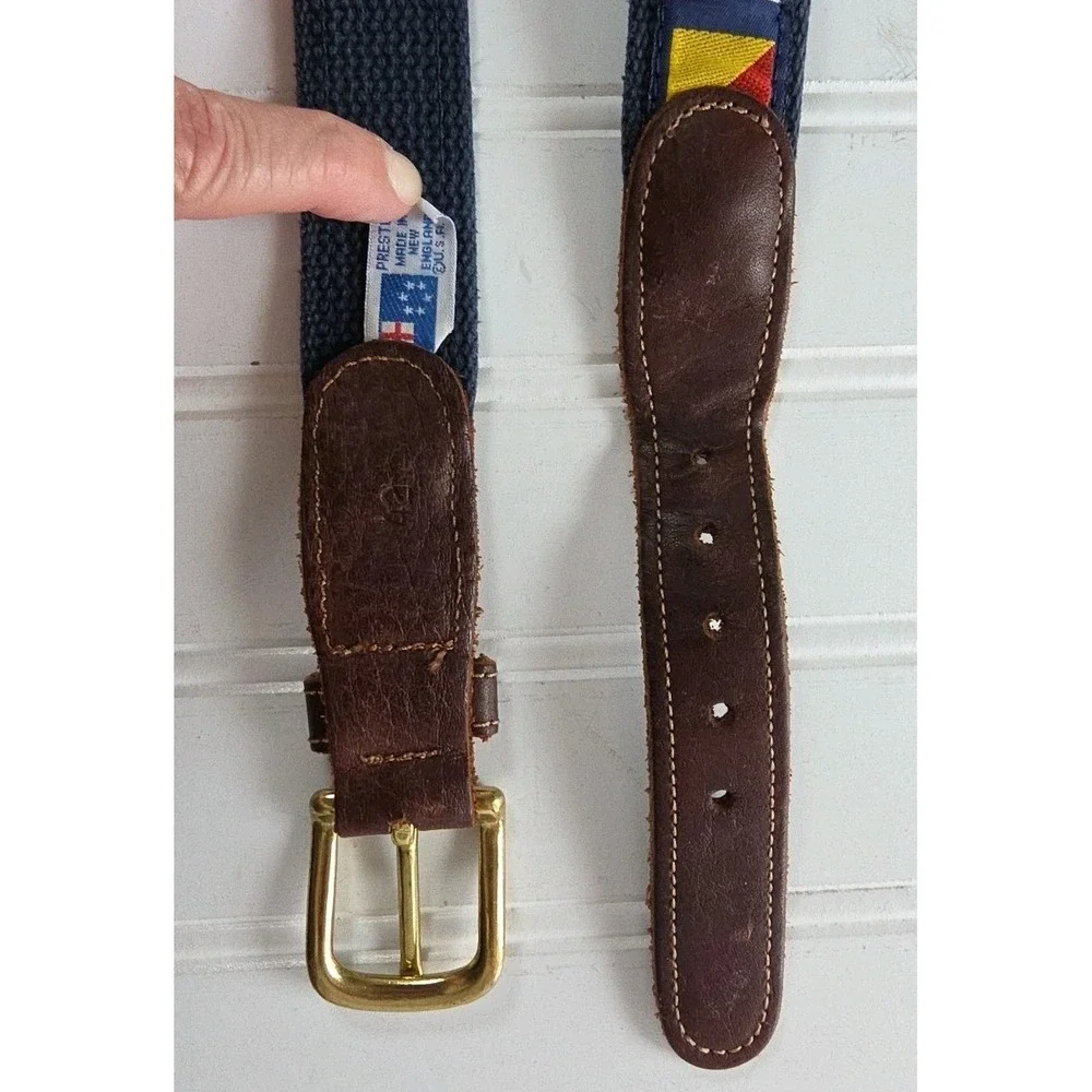 Preston Brand blue 'country flags' belt with leather ends, 42 Made In USA